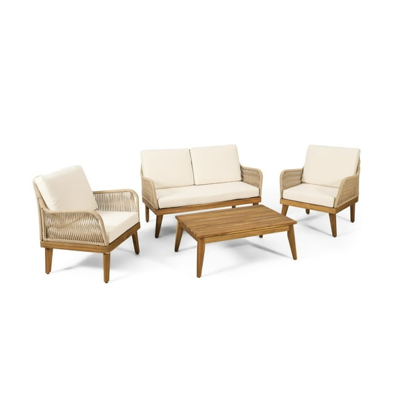 GDF Studio Hueber Outdoor Acacia Wood and Rope 4 Seater Chat Set with Cushions, Teak, Light Brown, and Beige
