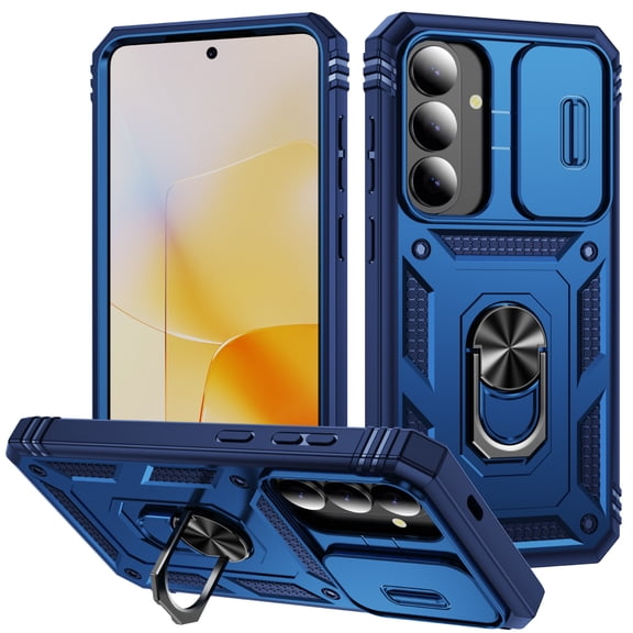 ELEHOLD Rugged Case For Samsung Galaxy S26,Heavy Duty Hybrid Sliding-Camera Lens Cover 360° Rotation Ring Holder Kickstand Anti-Slip Shockproof Cover,Blue