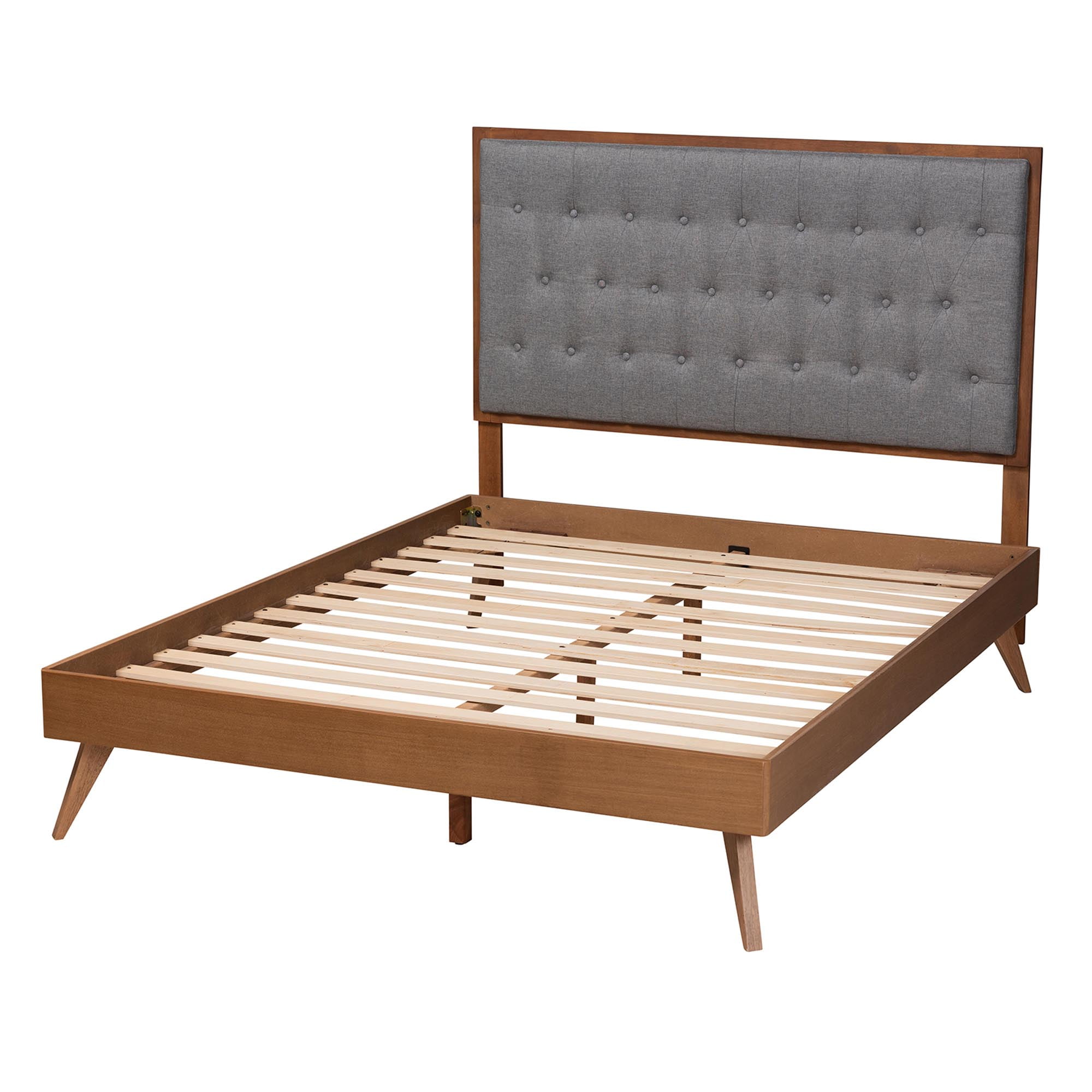 Baxton Studio Dericia Classic and Traditional Grey Fabric and Walnut Brown Finished Wood King Size Platform Bed