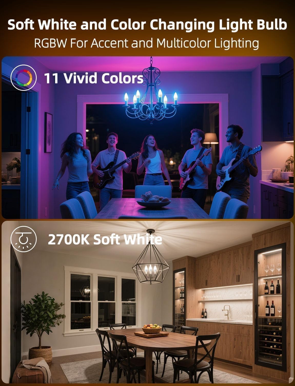 E12 LED Candelabra Light Bulbs, Color Changing Candle, C37 B11 40W Incandescent Equivalent, 450 Lumen, RGB + 2700K Warm White, 5Watt, 12 Colors, 2 Modes, Timer, Remote Control(4 Pack)