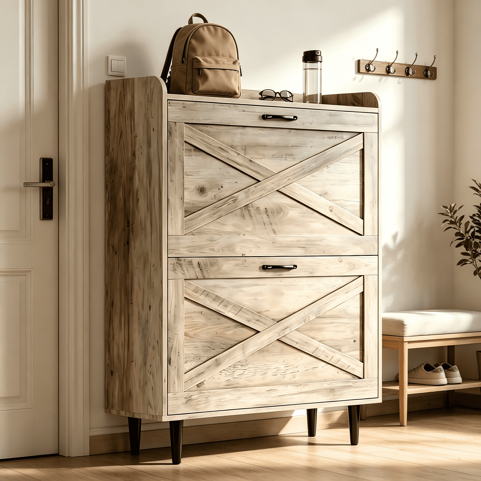 2-Drawer Top-Mounted Barn Door Shoe Cabinet, Embossed MDF, Washed Ash, 31.61 x 9.45 x 39.37 in