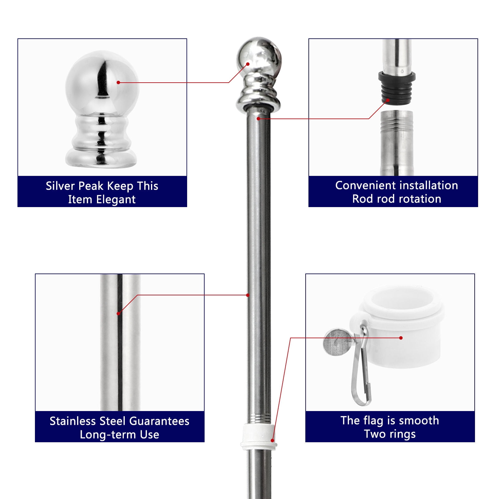 Worgeous Garden Flag Rod Silver 6Pcs 11.8In Stainless Steel