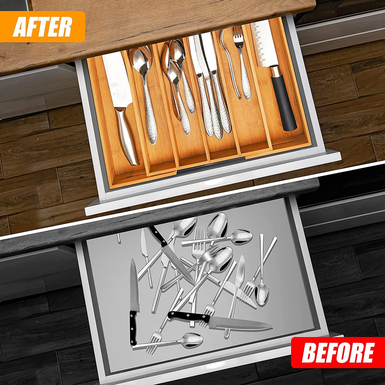 Silverware Organizer Kitchen Drawer Organizer Expandable Bamboo Utensil Holder Cutlery Tray for Kitchen Utensil and Flatware Bedroom Office