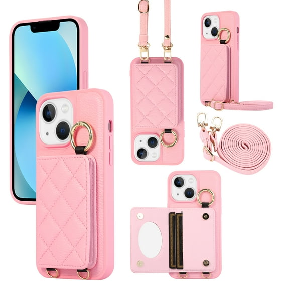 Back Case for iPhone 15, Stylish Slim Fit Card Holder Kickstand Finger Ring Crossbody Strap, PU Leather TPU Durable Shockproof Protective Phone Case Cover for Women Girls - Pink