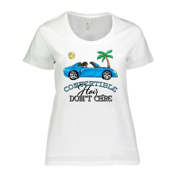 Inktastic Convertible Hair Don't Care with Black Hair and Blue Car Women's Plus Size T-Shirt