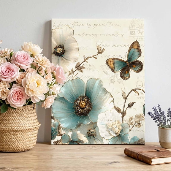 Canvas Wall Art Vintage Tulip Canvas Art Print Butterfly Flower Pictures Wall Decor for Living Room Bedroom Artwork Decorations Stretched Framed Ready to Hang 12"x18"