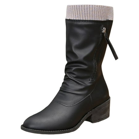 GHSOHS Cowboy Boots for Women Thigh High Boots Women s Cowboy Boots Black Boots Knee High Boots Round Head Woolen Edge Boots Side Zipper Leather Boots Comfort Rain Boots Dress Shoes Tall Boot Size 38