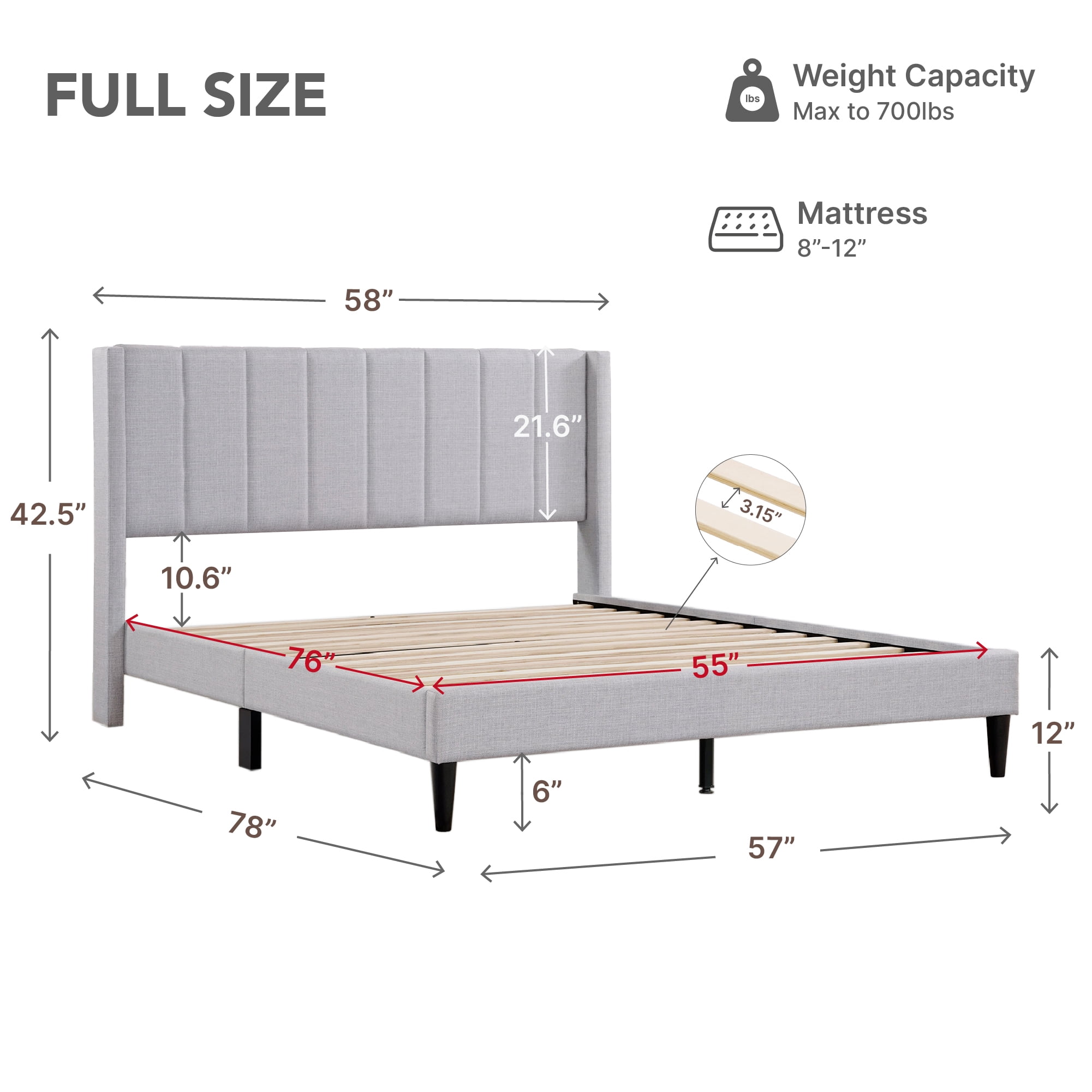 Spruce & Spring Upholstered Platform Bed Frame with Wingback Headboard Full