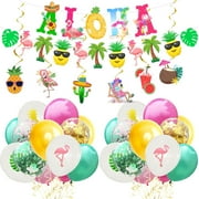 Hawaii Theme Party Decoration Colorful Latex Print Gold Confetti Balloon ALOHA Letter Banner Flamingo Pineapple Hanging Swirl String Cake Topper for Summer Carnival Birthday Supplies