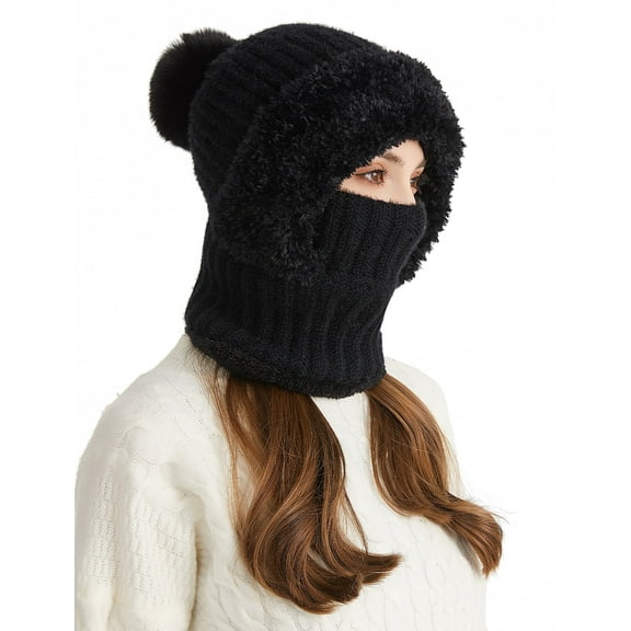 Mucky Cat Winter 3-in-1 Women's Balaclava Hat - Fleece Lined Beanie with Scarf & Neck Warmer, Cold Resistant Thermal Knitted Ski Mask for Ladies Black