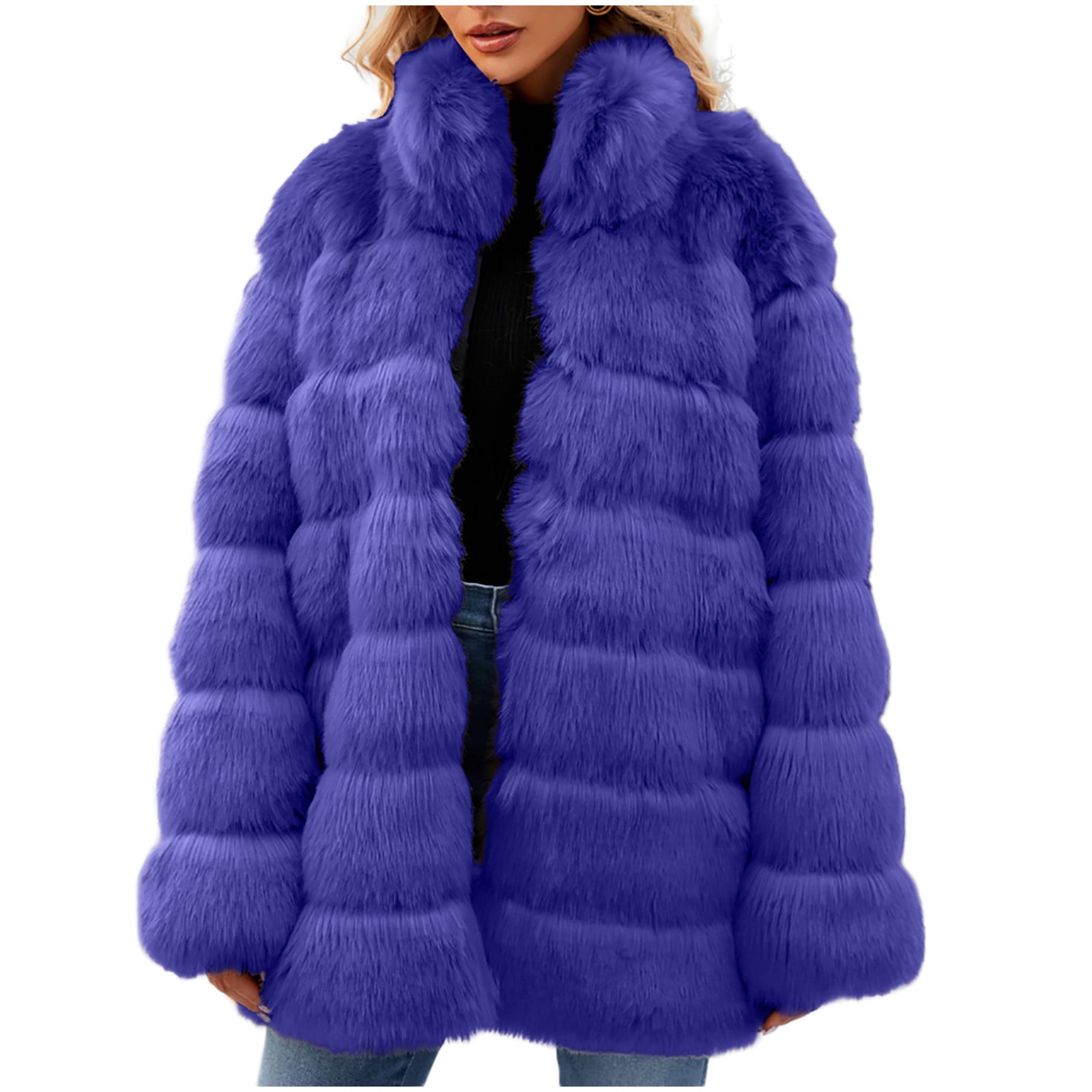 Penkiiy Women s 2024 Winter Faux Fur Jackets Fall Fashion Open Front Long Shaggy Coat Outerwear XL Blue Walmart