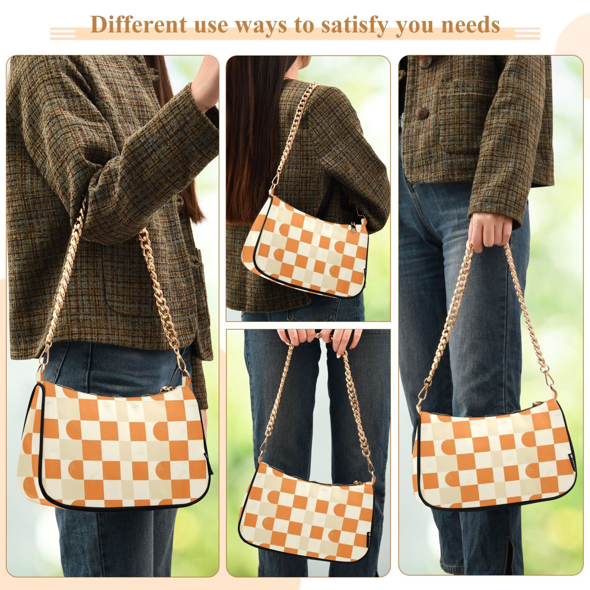 FORMRS Womens Shoulder Bag with Chain Strap Clutch Purse Cute Tote Handbag, Orange Checkered Pattern