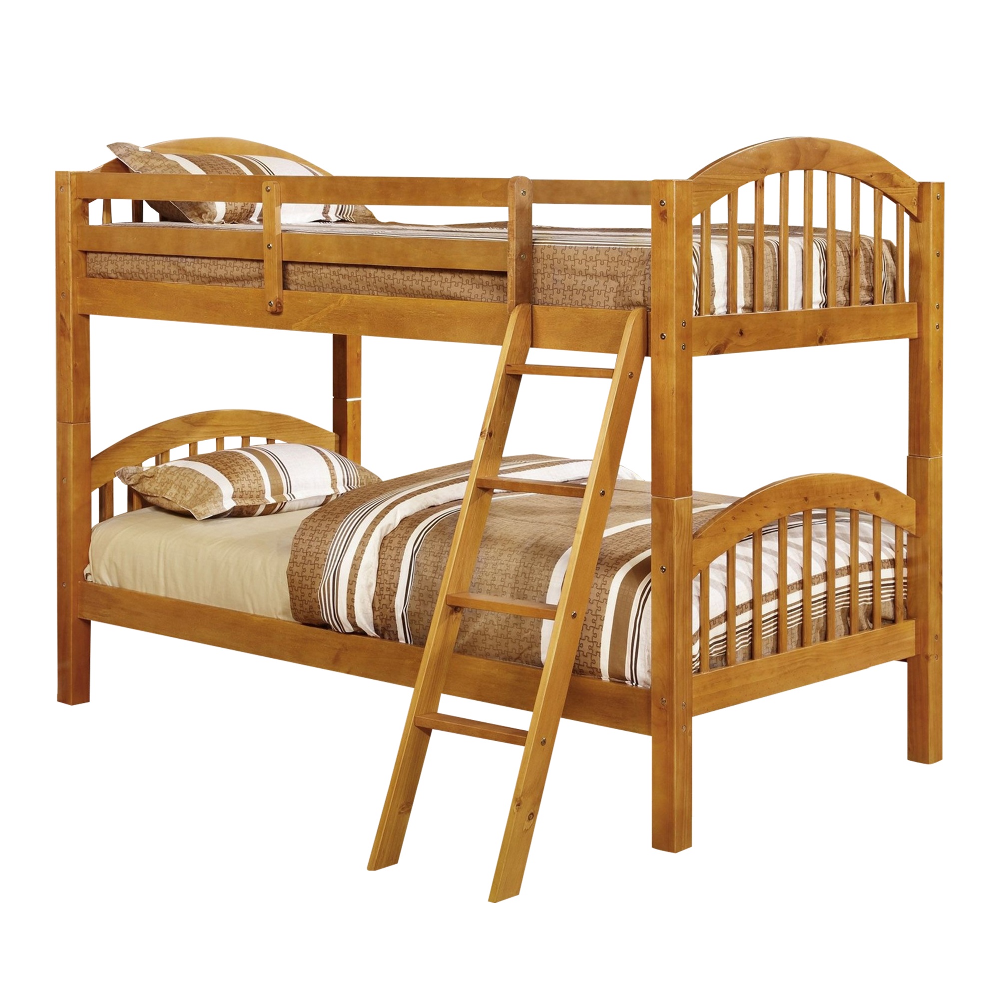 Wooden Twin Over Twin Bunk Bed with Slatted Arched Headboard, Oak Brown ...