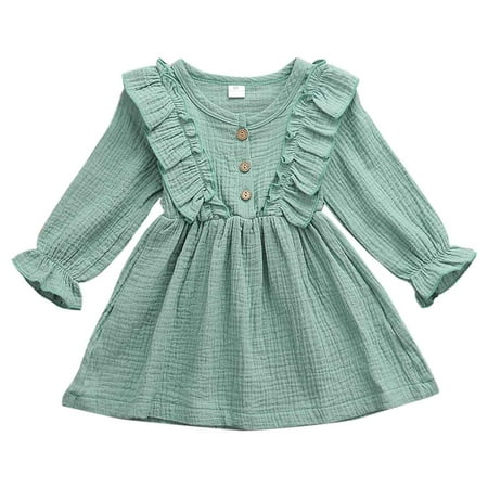 

Fanvereka Toddler Baby Girl Ruffle Dress Cotton Long Sleeve A Line Dress with Button