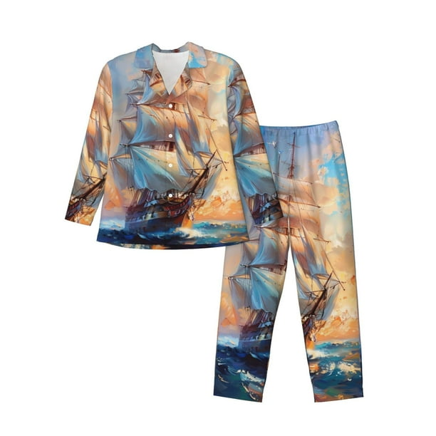 Fotbe Sailing Ship Ocean Sunset Pijama de Hombre con Estampado de Manga Larga, Conjunto de 2 Piezas, Ropa de Dormir Suave y Cómoda con Bolsillos-X-Large