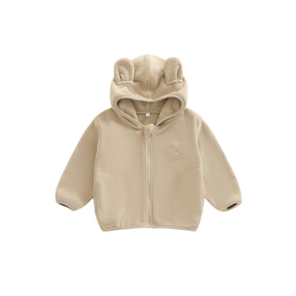 Miaouyo Girl Boys Hooded Plush Jacket Adorable Solid Color Bear Ear Long Sleeve Zipper Up Outerwear