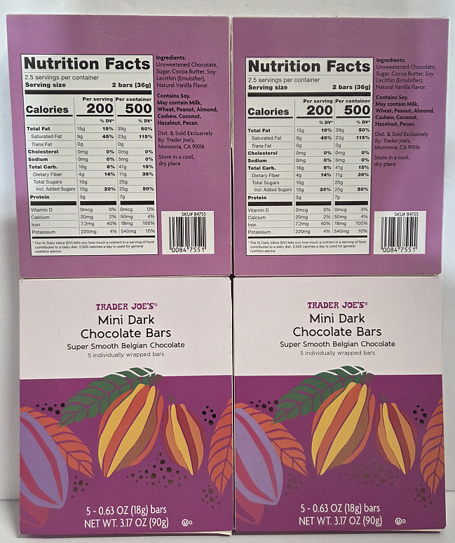 Trader Joe's Mini Dark Chocolate Bars Super Smooth Belgian Chocolate 3.17oz 90g (4 Boxes)