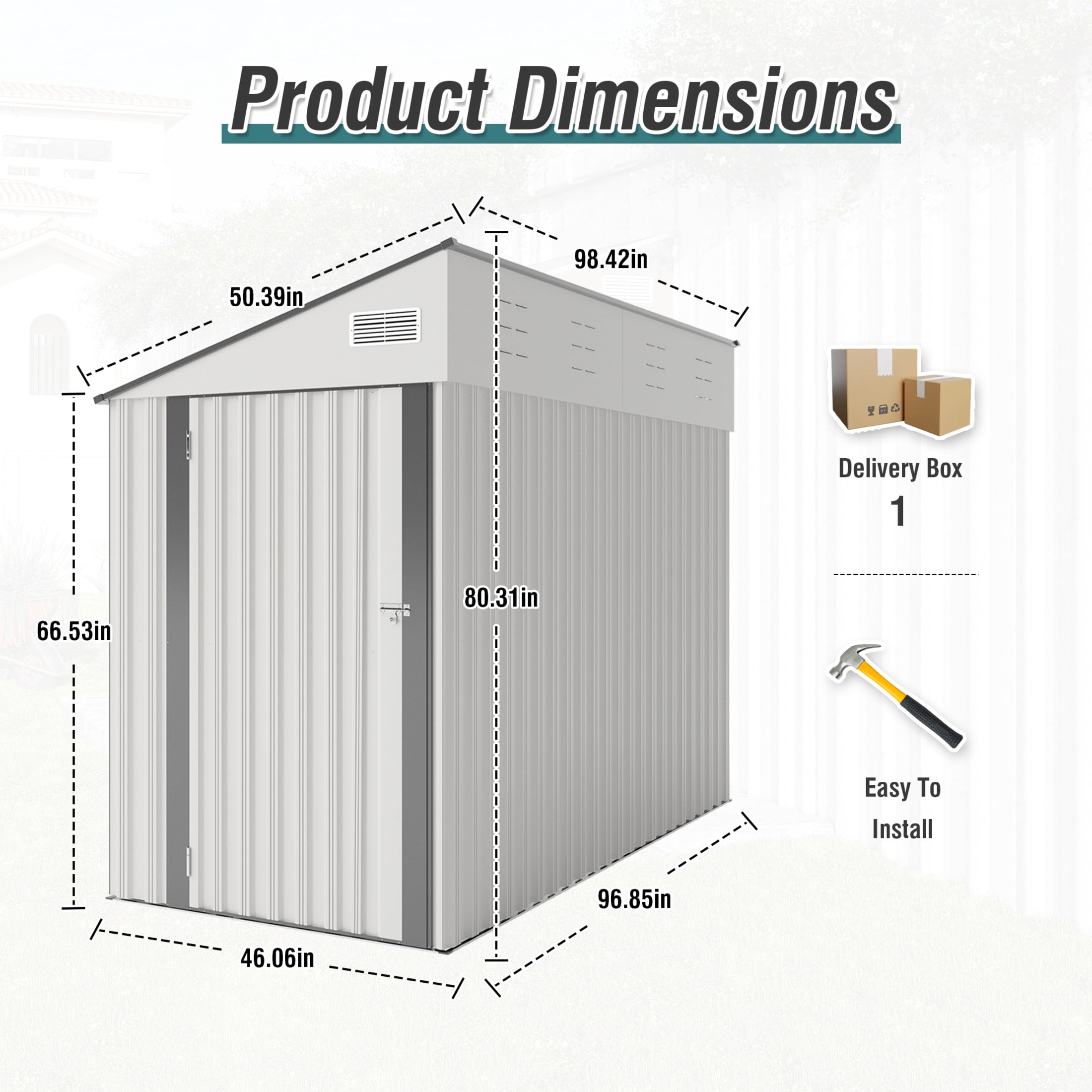 Noble House 4 x 8 FT Outdoor Storage Shed with Sloping Roof and Single Hinge Side Door, Customizable Layout, White