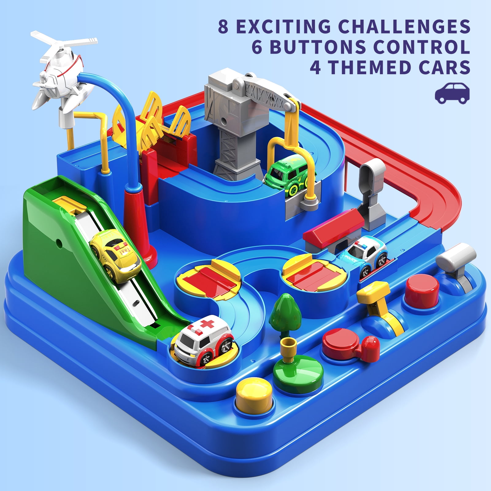 Lucky Doug Adventure Race Car Toys for 3-6 Years Old Boys, Car Rescue Adventure Toys with 4 Mini Car, Manually Operated Car Playset Educational Toys for Kids, Gifts for Boys Ages 3 4 5 6