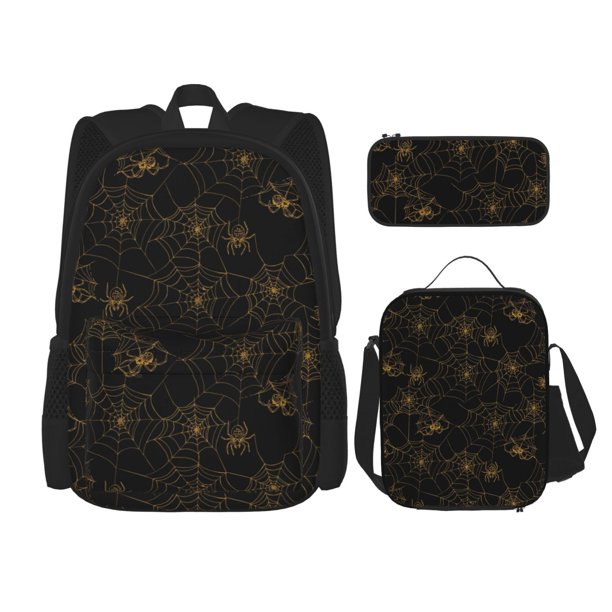 Disketp Gold Spiders And Cobwebs Mochila Estampada de Gran Capacidad con Lonchera y Estuche, Set de 3 Piezas para Estudiantes