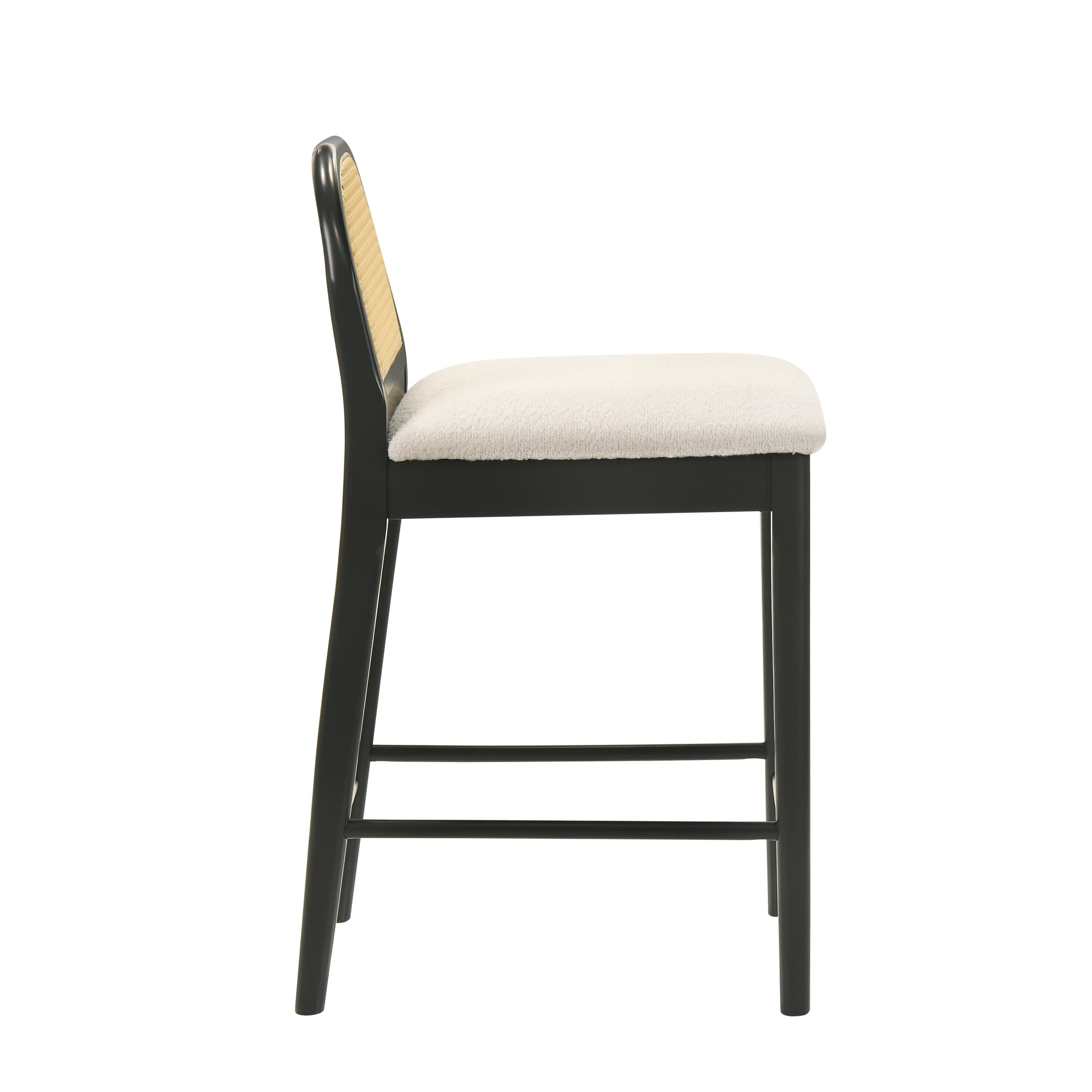 Lucio Modern Farmhouse Wood Counter Height Kitchen Bar Stool in Black Finish with White Boucle Fabric Upholstered Seat