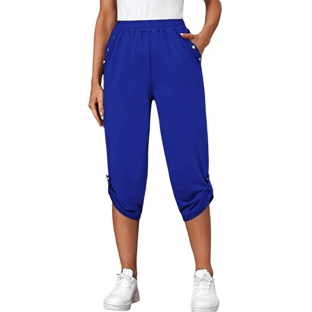 Women Pants Casual Elastic Waist Cropped Fashion Solid Color With Pocket Blue L