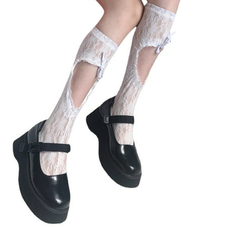 

SIEYIO Women Gothic Lolita Floral Lace Calf Socks Harajuku Hollow Heart Sweet Ruched Lace-Up Bowknot Mesh Kawaii Tube Stockings