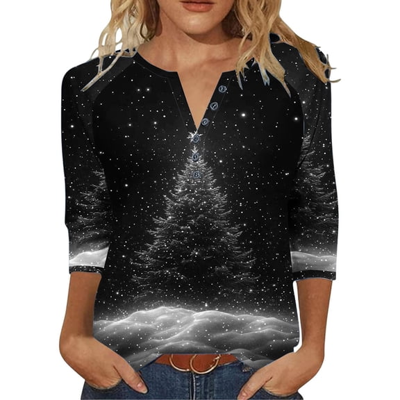 Womens Christmas 3/4 Sleeve Tops with Buttons V Neck Graphic Tshirts Printed Holiday Outfits Cute Tee Shirts (XL, Black A)