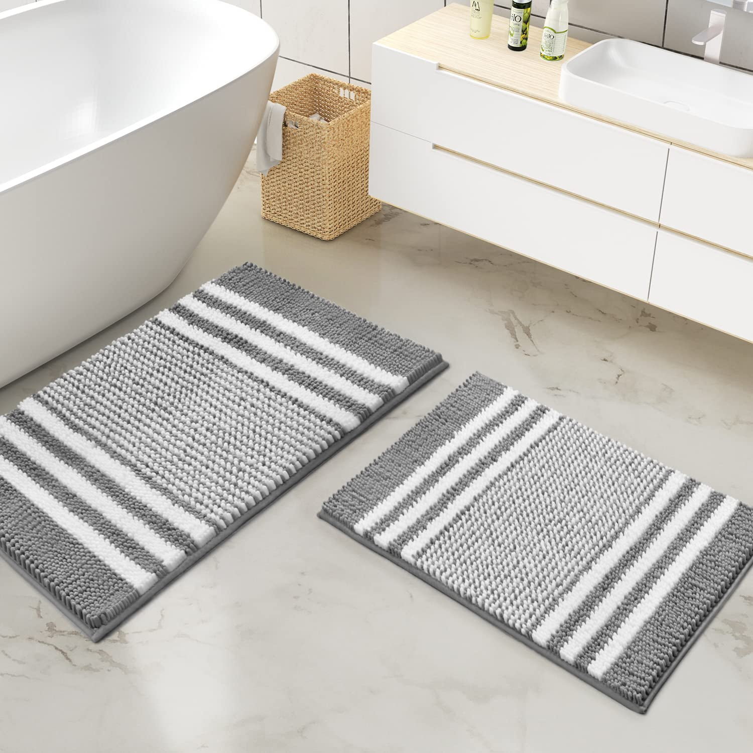 Tindbea Bathroom Rugs Set 2 Piece, Extra Soft and Absorbent Fluffy Striped  Chenille Bath Mat Rug Set, Non Slip Bathroom Floor Mat, Machine Washable