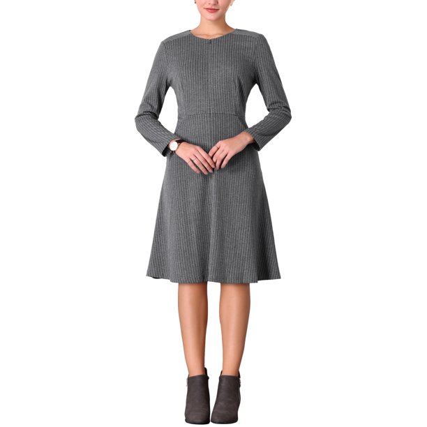 Vestido midi de manga larga con cremallera en el cuello A-Line a rayas para mujeres Inspire Chic L Gris