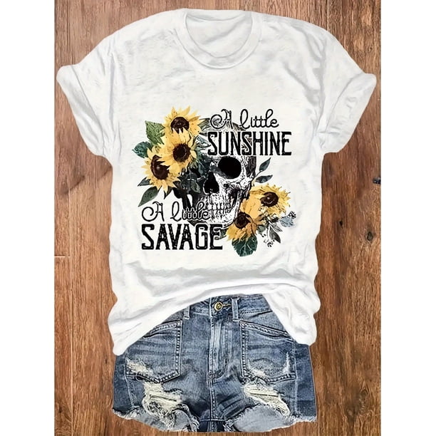 Halloween T-Shirt - Women's Halloween Skull & Sunflower Graphic T-Shirt - "A Little Sunshine A Little Savage" Casual Short Sleeve Round Neck Tee, Machine Washable All-Season Top, Halloween Clothes