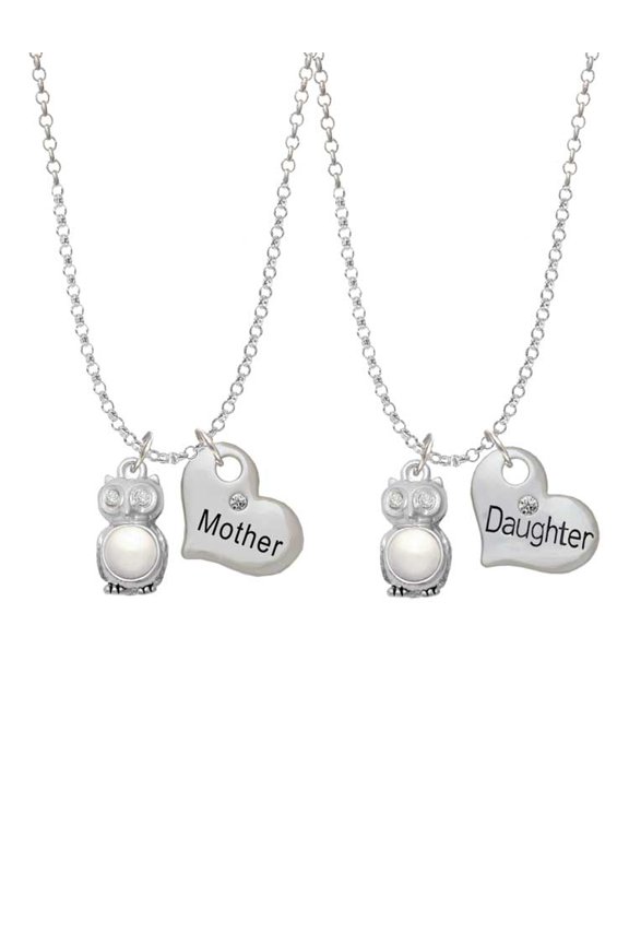 Silvertone 3-D Imitation Pearl & Clear Crystal Owl Mother & Daughter Heart Necklaces (Set of 2), 19"+2"