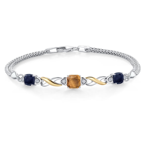 Gem Stone King 925 Silver and 10K Yellow Gold Brown Tiger Eye and Blue Sapphire and White Lab Grown Diamond Bracelet for Women (2.49 Cttw, Gemstone, Cushion 6MM, 6.5 inches, Made in Italy)