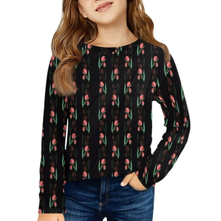 XADYUY Girls Shirts Long Sleeve 7-8 Pleated Tulip Print Crewneck Shirts for Girls Winter Basic Girls Tops Pleated Girls Tunic Tops 5-6 Years