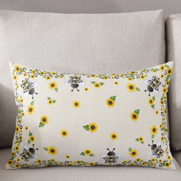 Decorative Pillow Cover 20x36 Inch Countryside Flowers Bees Lumbar Pillow Cover Farmhouse Spring Floral Linen Soft Cushion Covers for Sofa Couch Bed, Living Room Home Decor