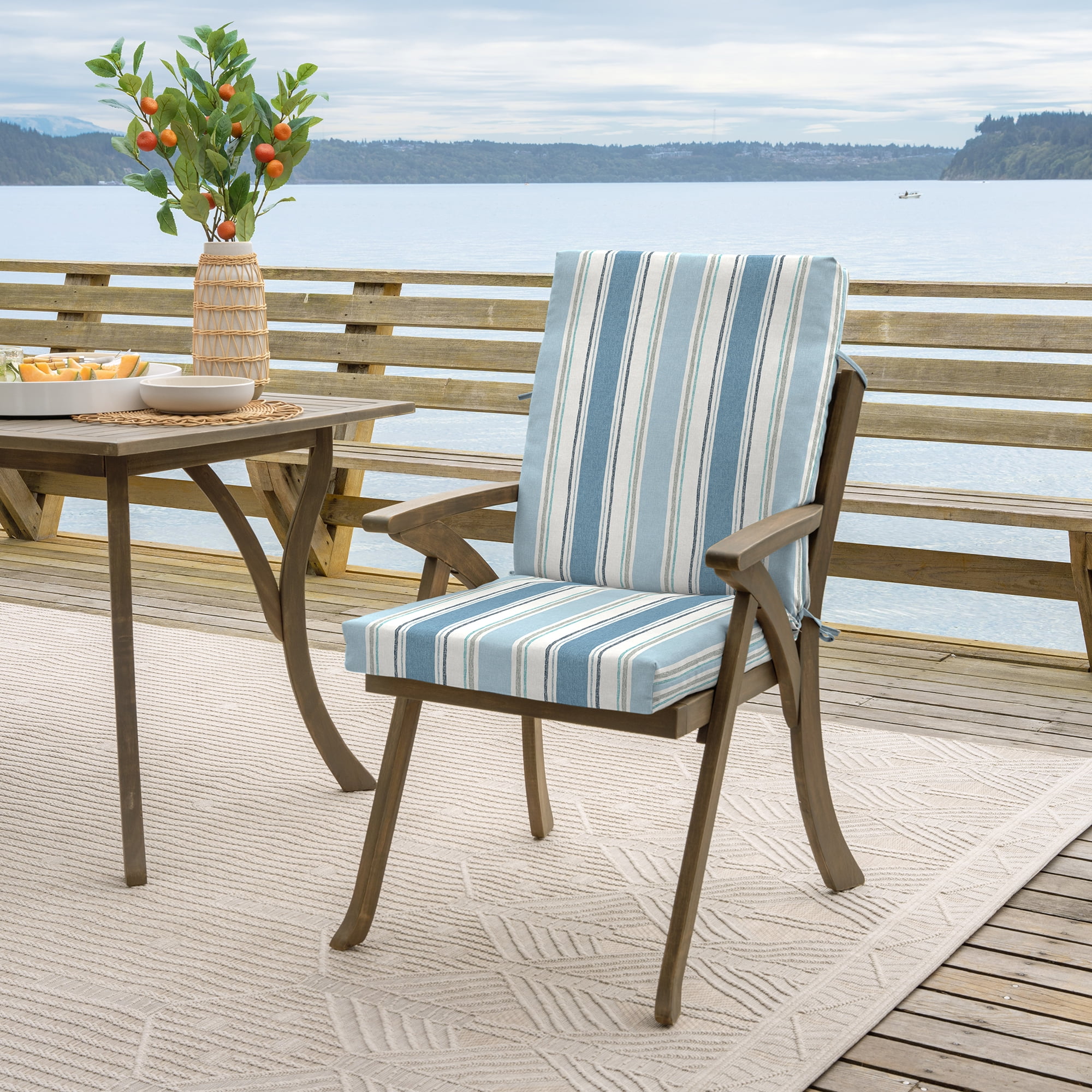 ARDEN Outdoor Dining Chair Cushion 20 x 20, Water Repellent, Fade Resistant 20 x 20, French Blue Linen Stripe
