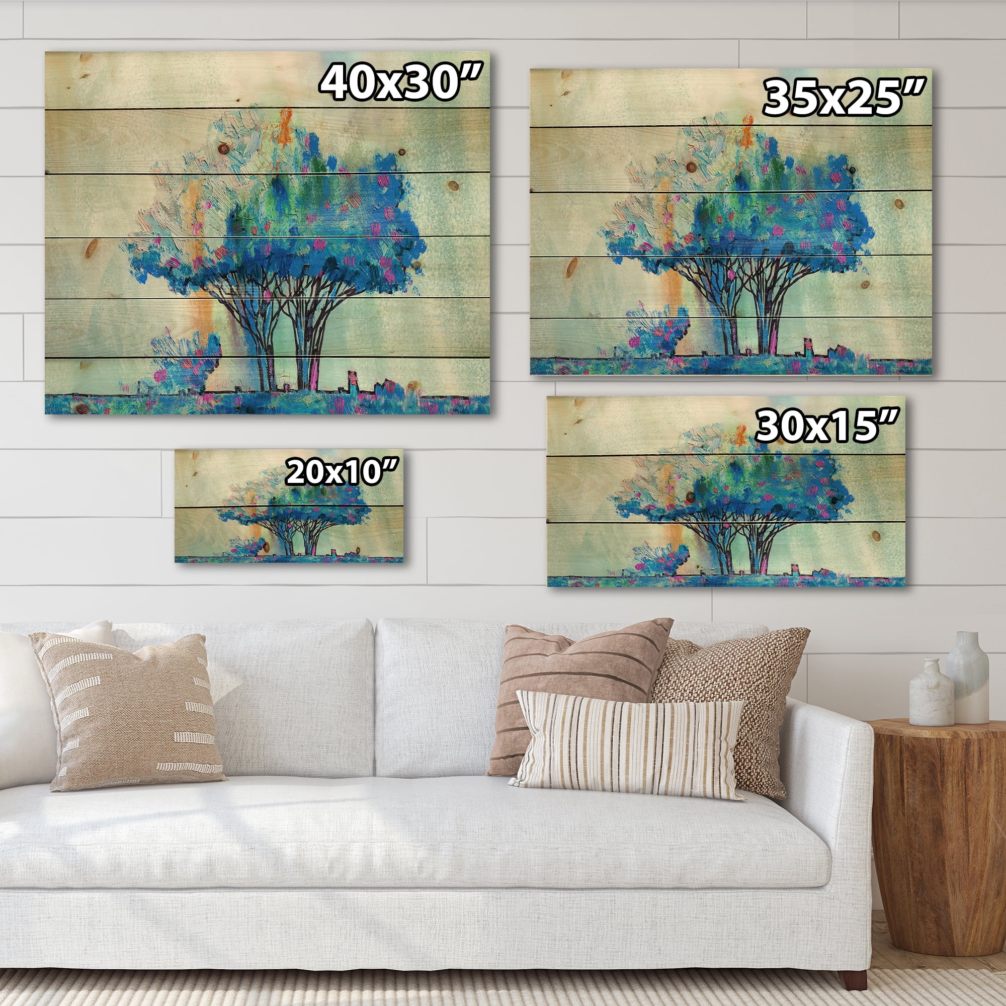 Designart 'Blue Coloured Tree Abstract Impression I' Modern Print on Natural Pine Wood