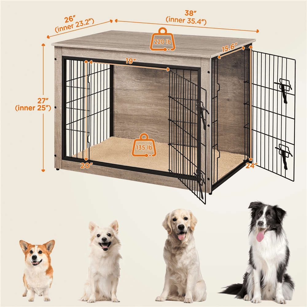 Renwick 38"W Industrial Dog Crate Furniture with Anti Skid Plush Mat, Gray