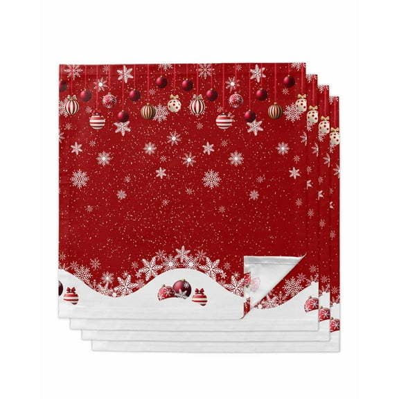 Christmas Red Cloth Napkins Set of 4, Winter White Snowflake Xmas Balls Washable Reusable Dinner Cocktail Napkin for Kitchen Party Wedding Banquet Holiday Baby Shower Table Decor
