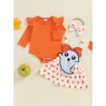 thumbnail image 3 of Suealasg Newborn Baby Girls Halloween Clothes Long Sleeve Romper Ghost Suspender Skirt Bow Headband 3 6 12 18 24 Months Infant  Girls Halloween Fall 3Pcs Outfits, 3 of 7