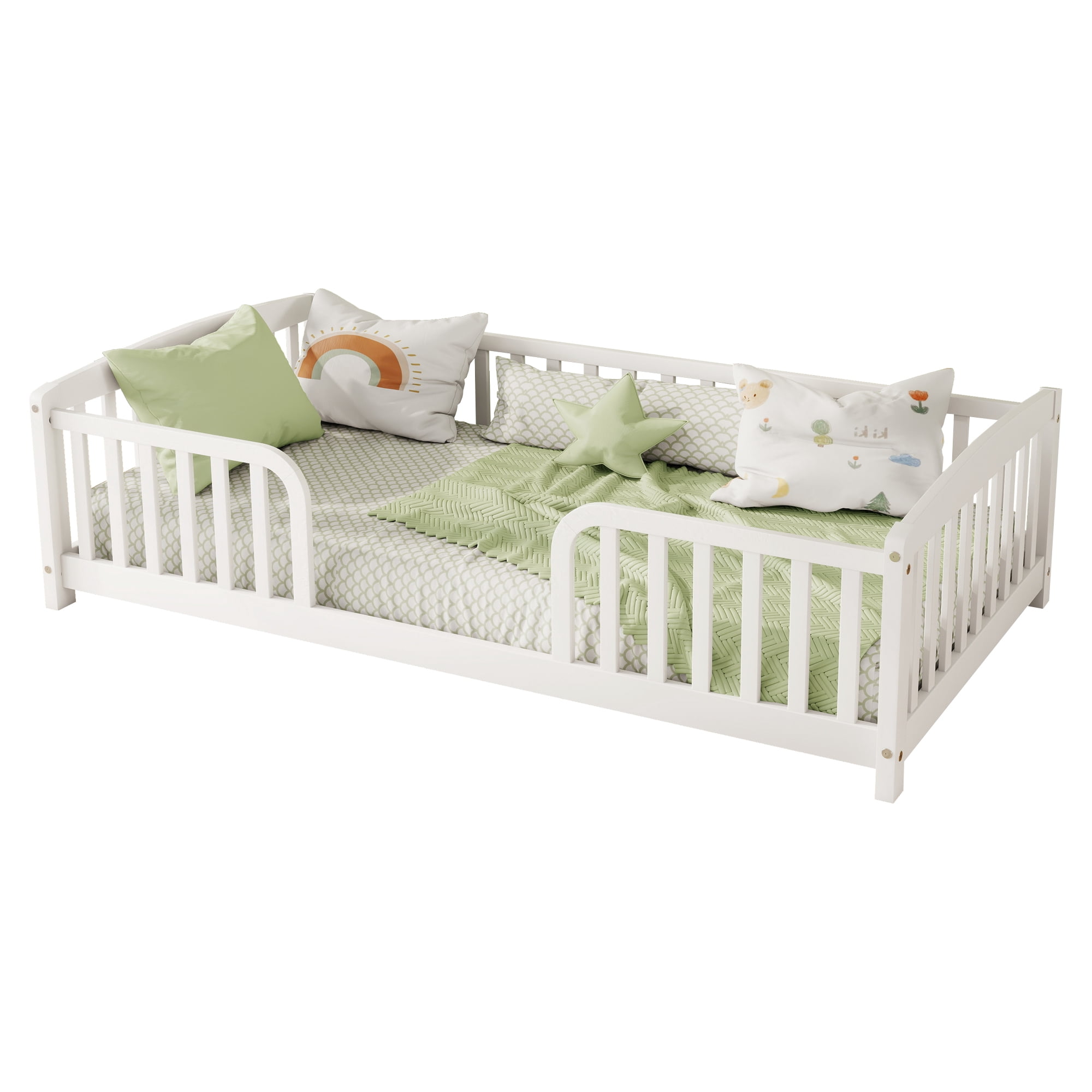 Alvantor Twin Size Floor Bed with Entrance and Guardrails – Low Montessori Wood Bed Frame for Toddlers, White