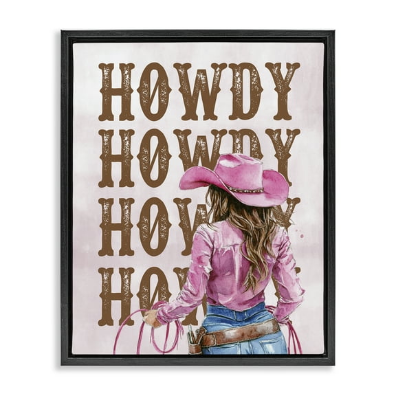 Stupell Industries Pink & Brown Howdy Cowgirl People Painting Black Floater Framed Canvas Art Print Wall Art, 17 x 21