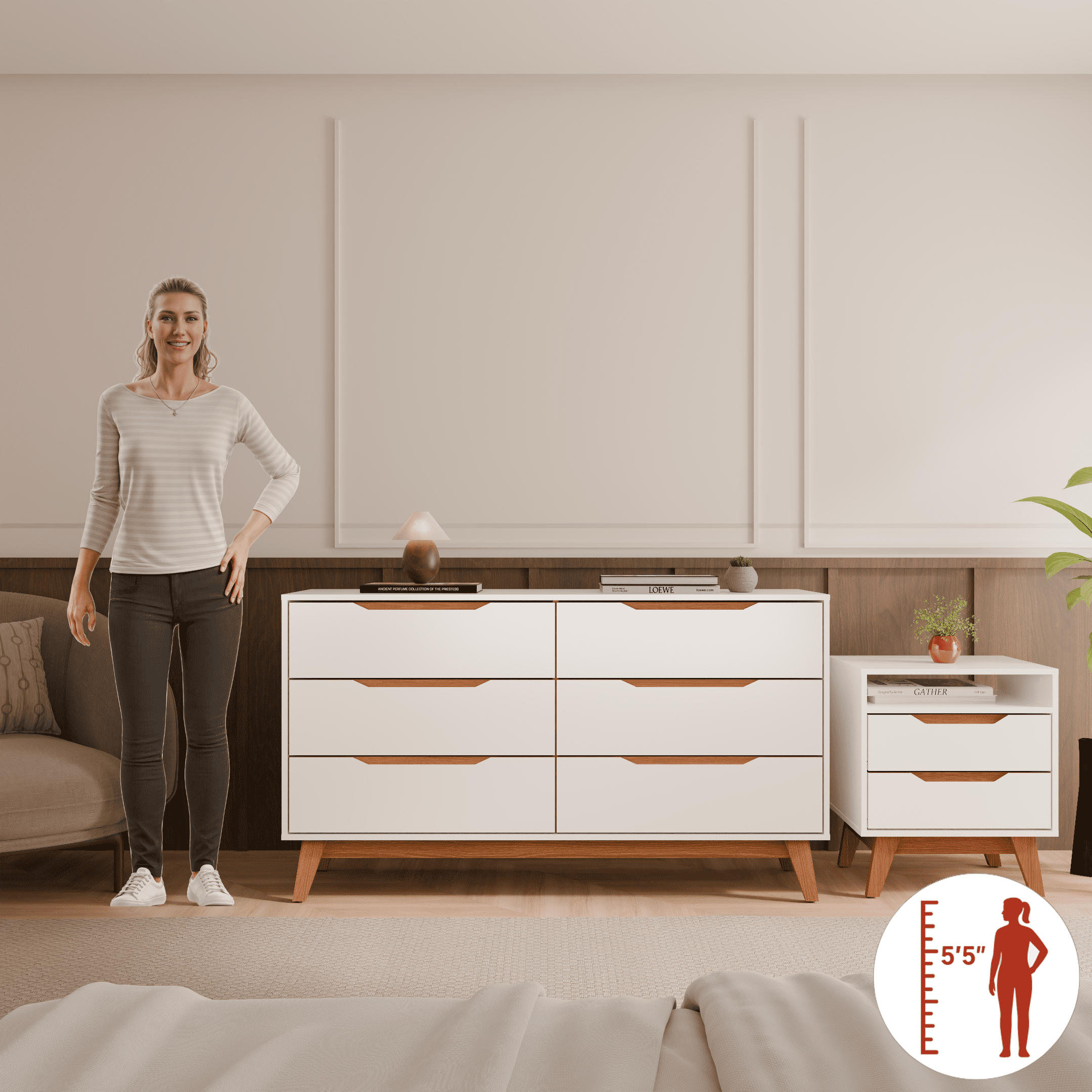Kappesberg Bedroom Furniture Set with 6-Drawer Dresser and 2-Drawer Nightstand White – Modern Storage Combo