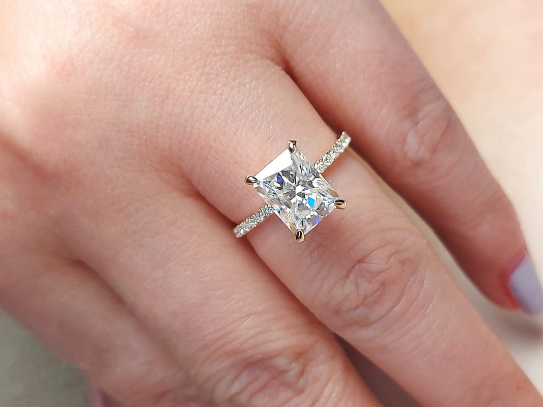 solitaire jewels 3.5CT Radiant Moissanite Hidden Halo Engagement Ring For Women, 18K White Gold