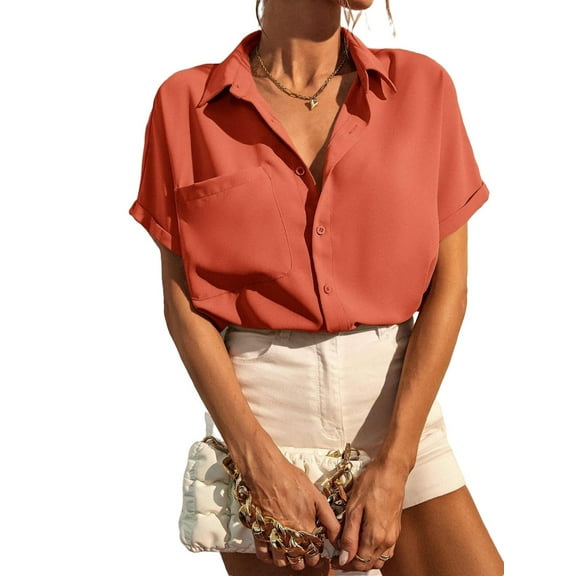 Casual Plain Shirt Collar Orange Short Sleeve Women's Blouses XS (2)