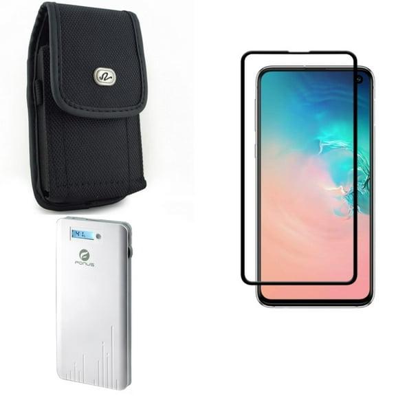 Galaxy S10e Power Bank w Case Belt Clip w Screen Protector - 6000mAh Charger Portable, Rugged Holster Canvas, Tempered Glass 5D Curved Edge for Samsung Galaxy S10e Phone