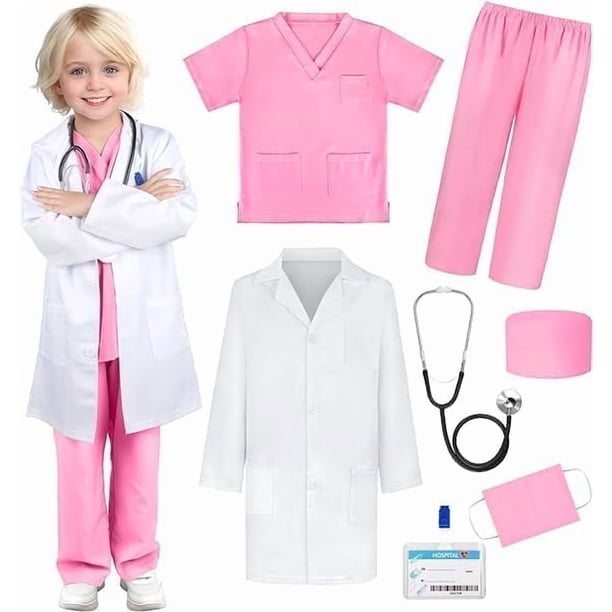 Disfraz De Doctor Personaje Infantil,Disfraz De Doctor Lab Cosplay Con Accesorio,Adecuado Para Cumpleaños,Fiestas,Navidad,Disfraces De Halloween,Regalos Para Niños Y Niñas.(Rosa-130cm)