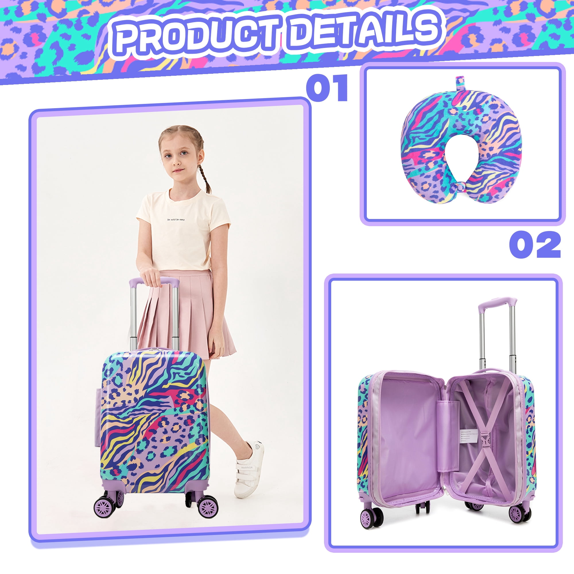 Kids Luggage Sets 5 Piece Toddler Suitcases with Wheels for Girls Women 16 inches Hardshell Suitcase Set with Travel Pillow for Airplane Travel Essential