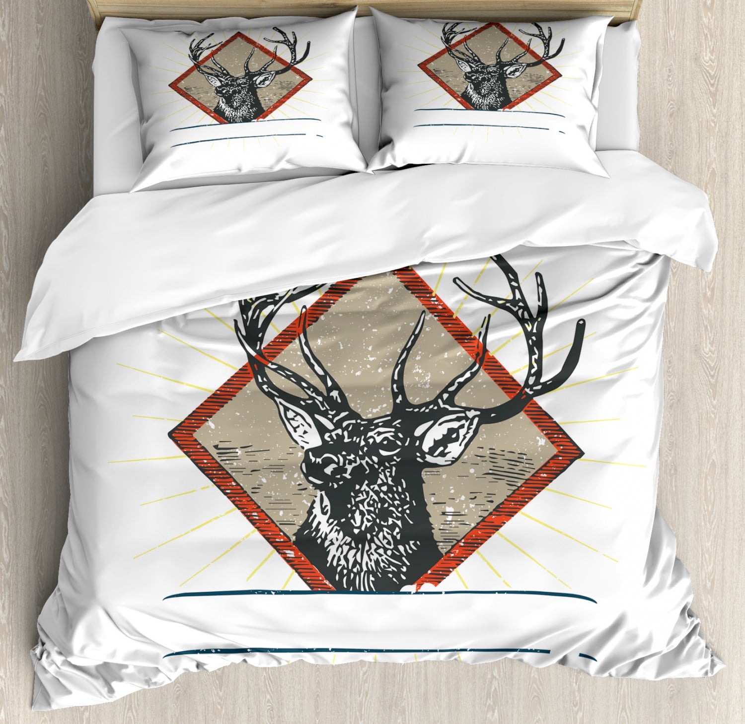 Deer Hunting Duvet Cover Set Queen Size, Hipster Wild Animal Antler Print on Plain Background, 3