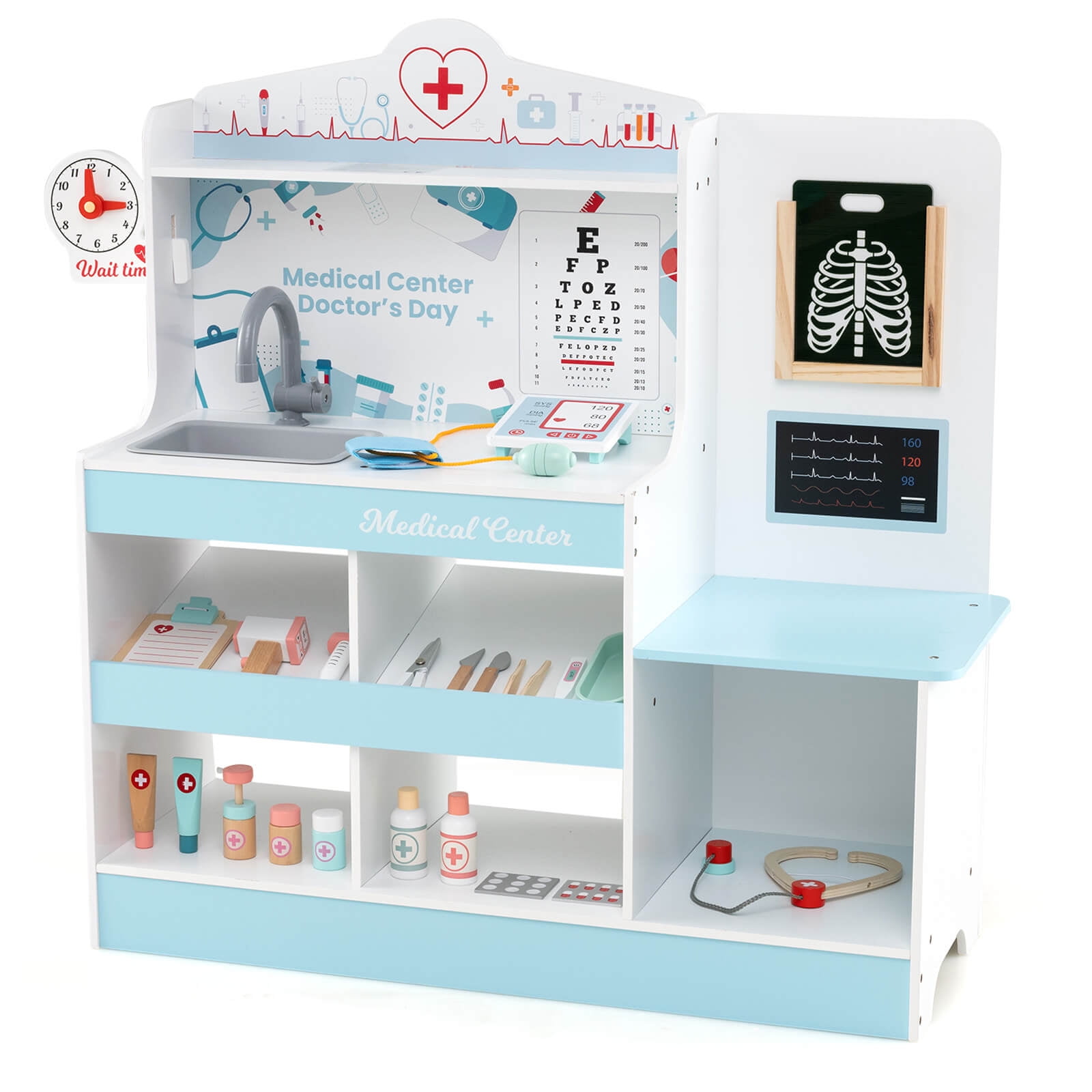 Honeyjoy Wooden Doctor Play Set with Clock Sink Eye Chart ECG